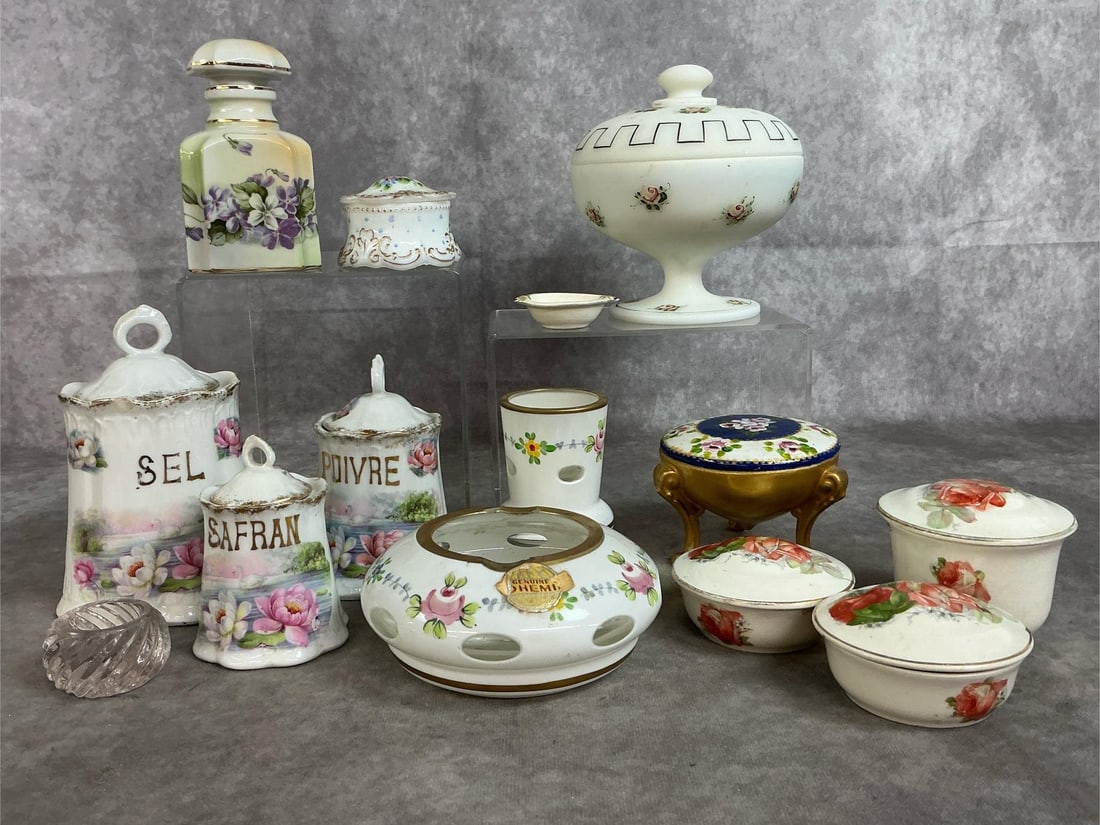 Vanity & Kitchen Painted Porcelain: Fourteen early to mid 1900's porcelain finds. Includes Noritake condiment set, Westmoreland milk glass candy dish, English orange rose trinket box trio, painted perfume bottle and more. Some chips