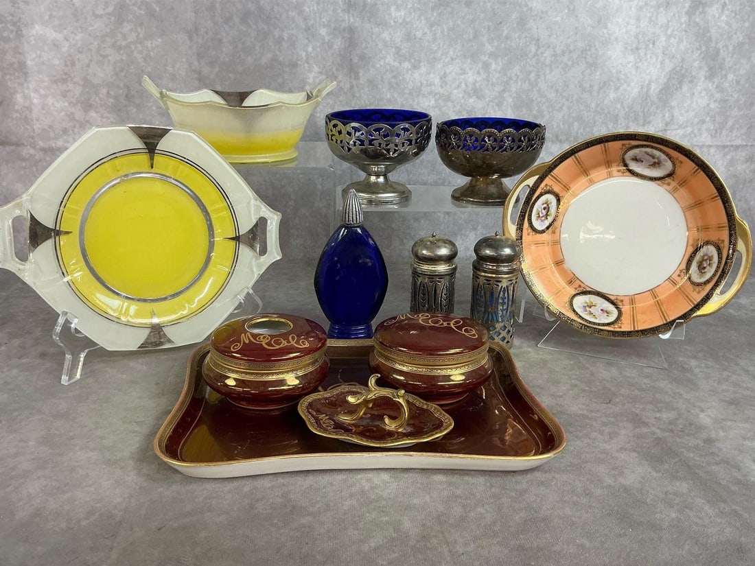 Vanity Set, Art Deco Plate and Bowl & Blue Glass: Early 1900's glass and metal pieces. Rouge Royale deep red lustre glaze vanity set, Art Deco yellow and silver bowl and plate, and orange and gold Noritake bowl. Includes two footed bowls, salt and