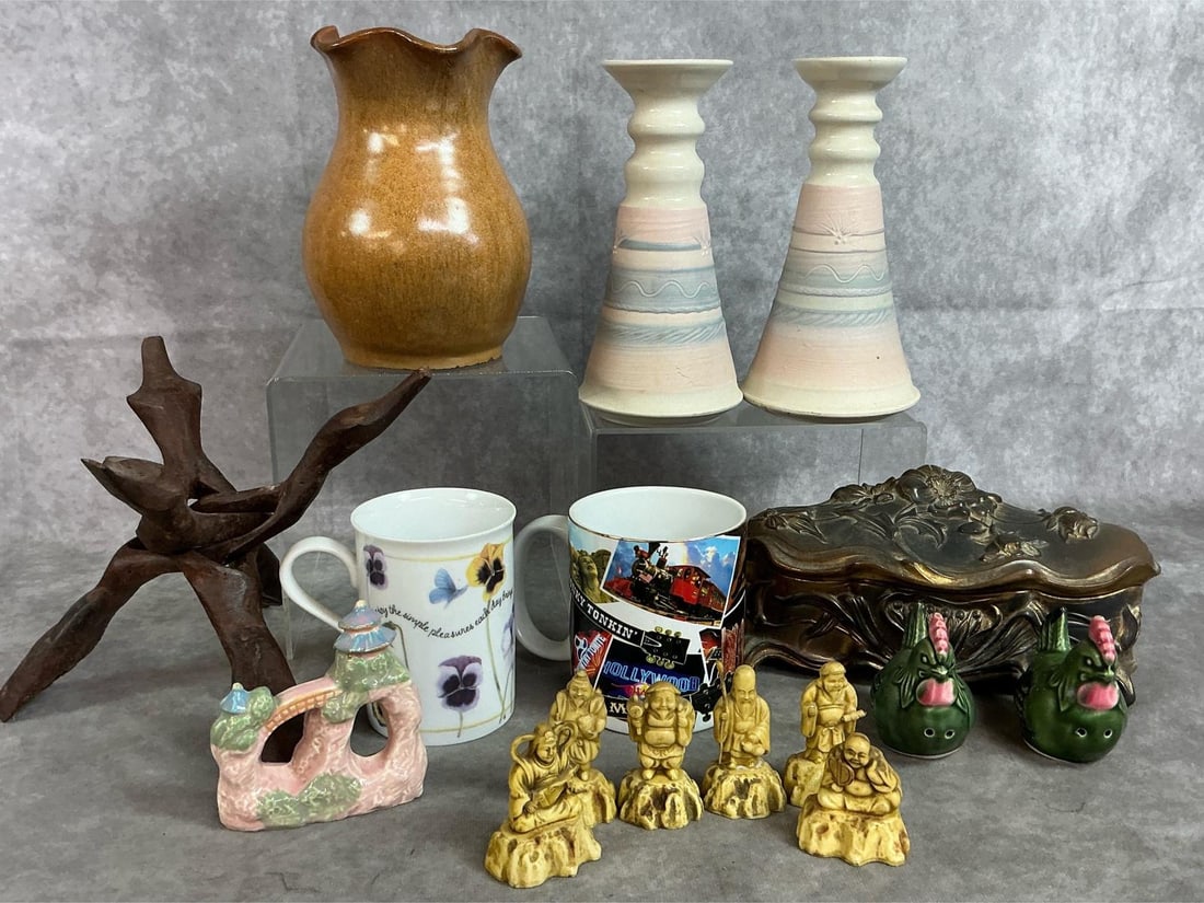Collectible Vases, Box, Cups and Figures: Sixteen early to late 1900's items. Pair of pastel art pottery candlestick holders signed by D Swanger, gold glazed vase with fluted rim, wood carved tripod stand, and Art Nouveau metal cast jewelry