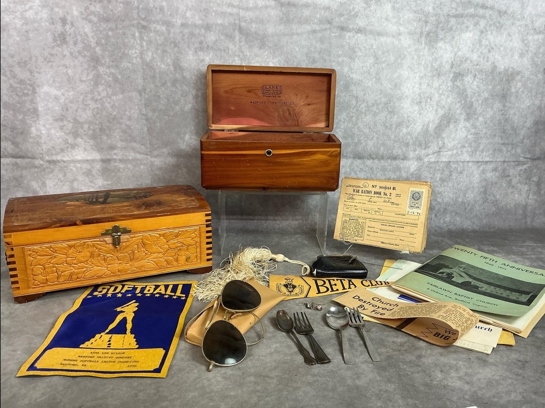 Collectible Wooden Boxes, War Ration Books, & More: Collection of mid 1900's items. Vintage cedar wood jewelry or trinket box with landscape picture and hinged lid, Lane miniature cedar chest, and eight War Ration books from 1944. Includes baby spoons