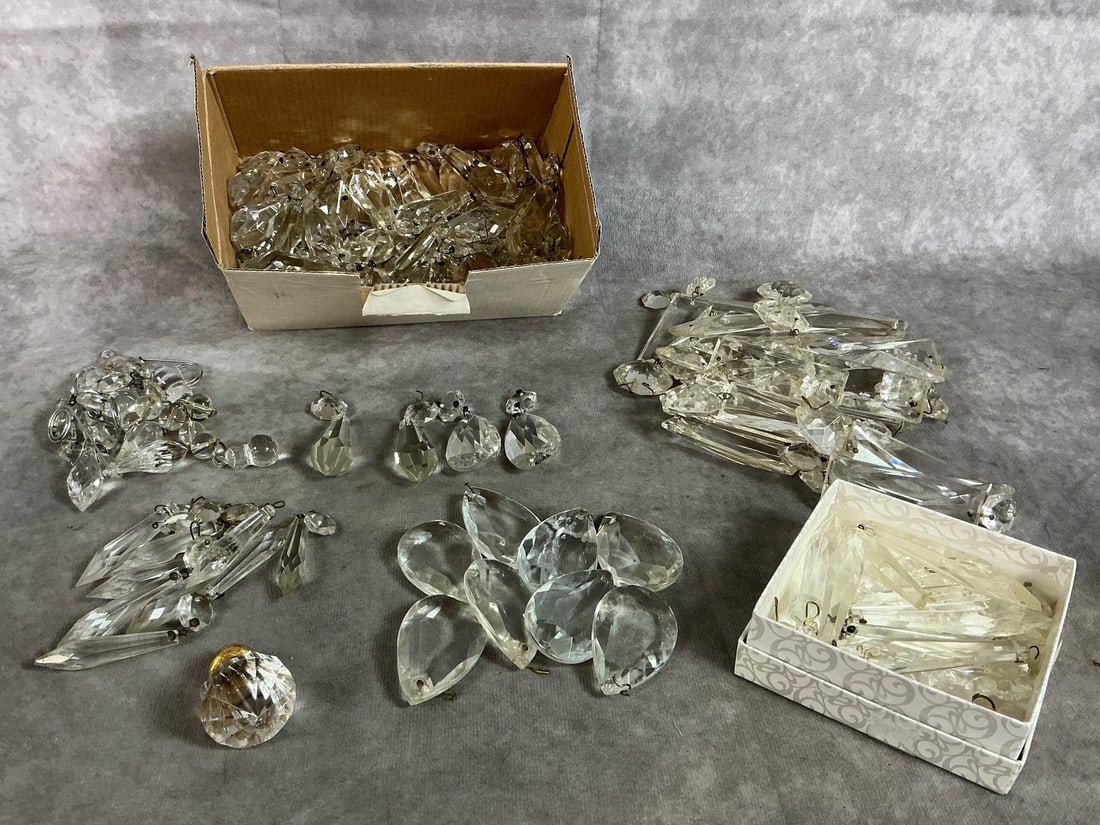 Vintage Crystal Prisms: Over 100 chandelier crystals from mid to late 1900's. Seven different crystal shapes, tear drop, pear-shaped, and coffin cut crystal faceted drop pendants. Replacement parts used for chandeliers and