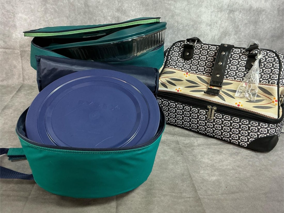 Pyrex Portables & Casserole Carrier: Three portable carriers for hot food. Pyrex Portables with a glass casserole and a glass bowl, with plastic lids and canvas zippered bags. Temptations by Old World insulated double 2 quart casserole t