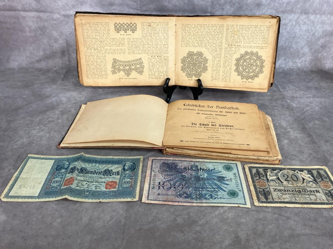 German Handicraft Textbooks & Mark Notes: Late 1800's to early 1900's books and bank notes. German 1890 book on needlework, macrame, and embroidery. 1885 German book on knitting and handcrafts. Including three German bank notes: two for 100