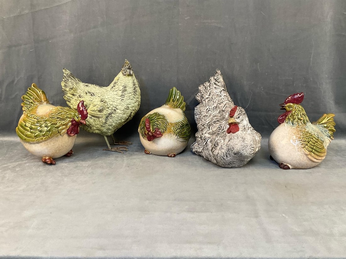 Ceramic Chickens: Lot of five late 20th century decorative collectible ceramic chickens. Good condition. Standing chicken measures 10.5 inches wide x 4.5 x 12.5 inches tall.
