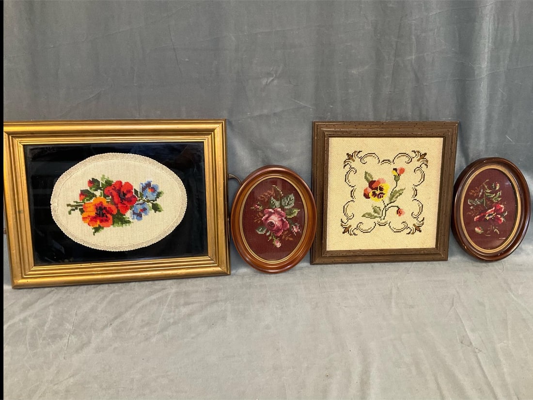 Framed Needlepoints: Lot of four late 20th century framed floral needlepoints. Handle broken on tray frame, otherwise good condition. Largest measures 20 inches wide x 1 x 13.5 inches tall.