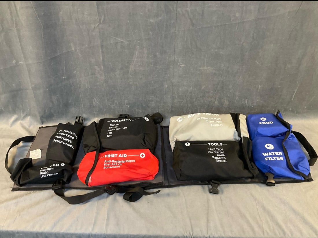 Survival Backpack Kit: Unused backpack survival kit with First Aid, flashlight, tools, water filter, food ration block, air filtration mask, blanket. Missing radio and multi-tool. Otherwise good condition. Flashlight