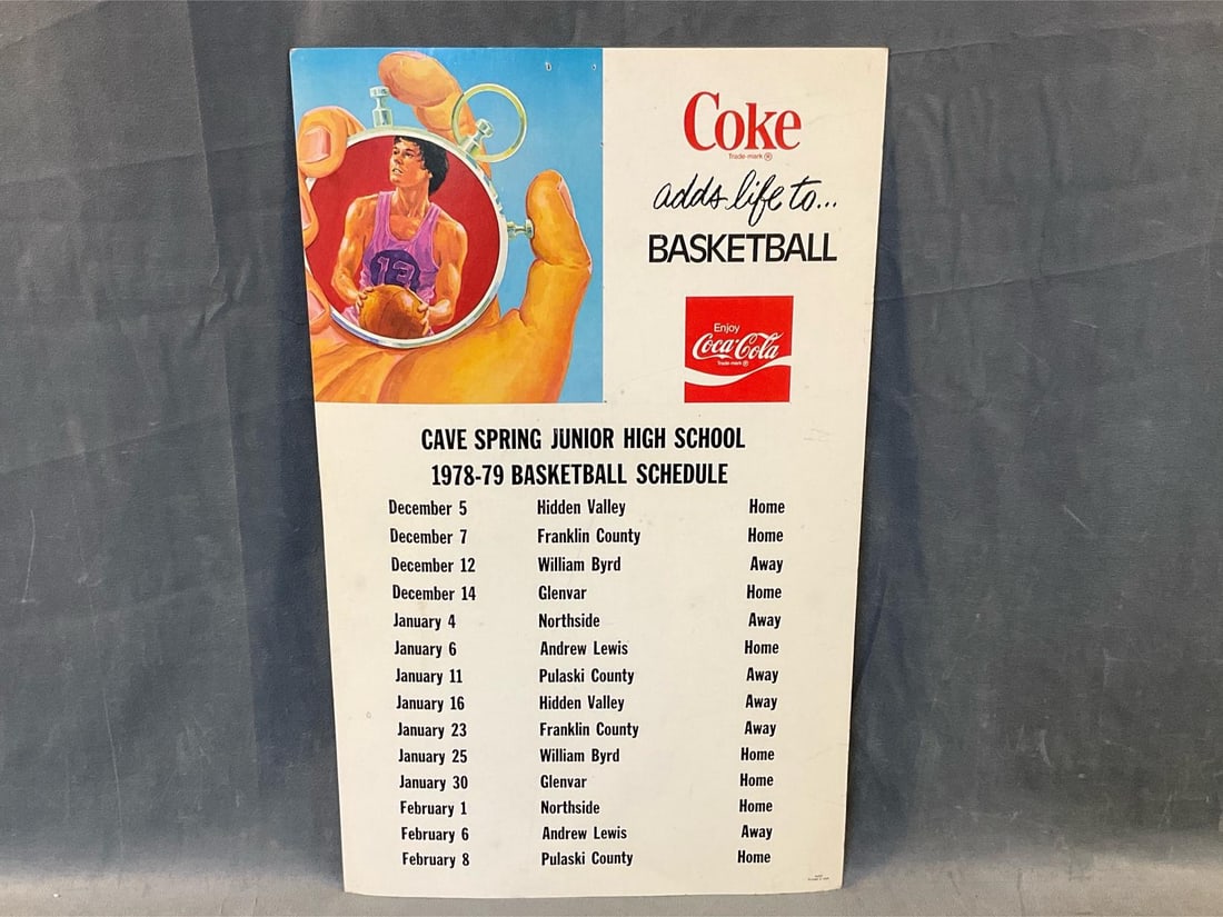 Cave Spring Basketball Broadside: 1978-79 Cave Spring Junior High School Basketball Schedule Broadside. Featuring games against Pulaski County, Andrew Lewis, and Glenvar. Two tack holes to top, otherwise good condition. Measures