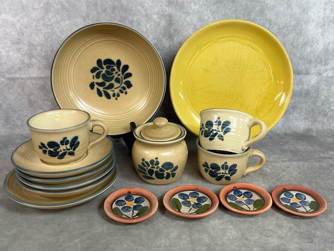 Pfaltzgraff, McCoyware & More: Fifteen mid to late 1900's tableware. Yellow McCoy dinner plate, and Pfaltzgraff Folk Art stoneware. Includes serving bowl, sugar, bowl, cups and saucers, and miniature terracotta plates with blue