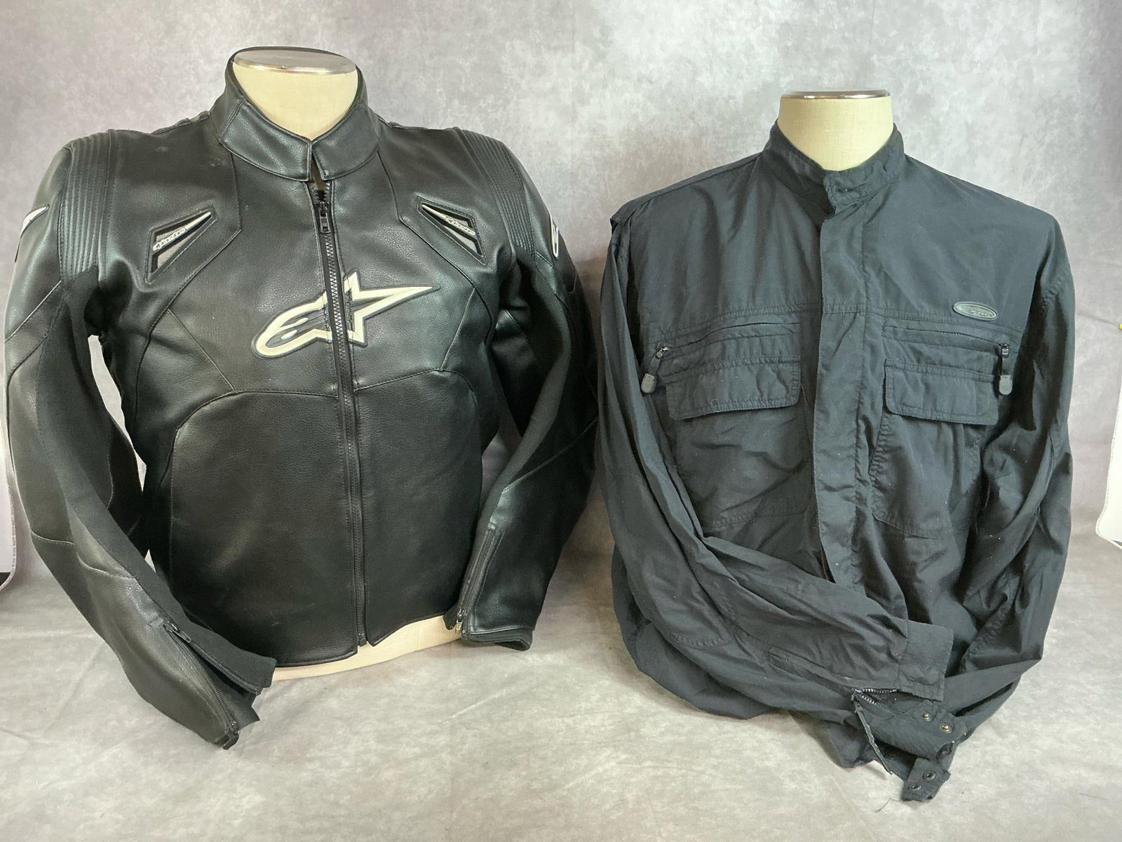 Alpinestars Jacket & Harley Davidson Shirt: Alpinestars black leather jacket with zip pockets. No size listed, measures 22 inches across chest x 24 inches shoulder to hem. Harley Davidson XL FXRG black shirt with zipper pockets, zip sleeves,