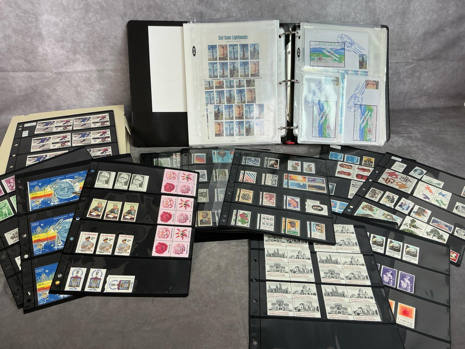 Stamp Collection: 1978 to 2008 variety of stamps lot. Includes sheets, half sheets, and individual stamps. Includes US States, Christmas, Bob Hope, Lighthouses, 1960's TV, Space Travel and more. In good condition.