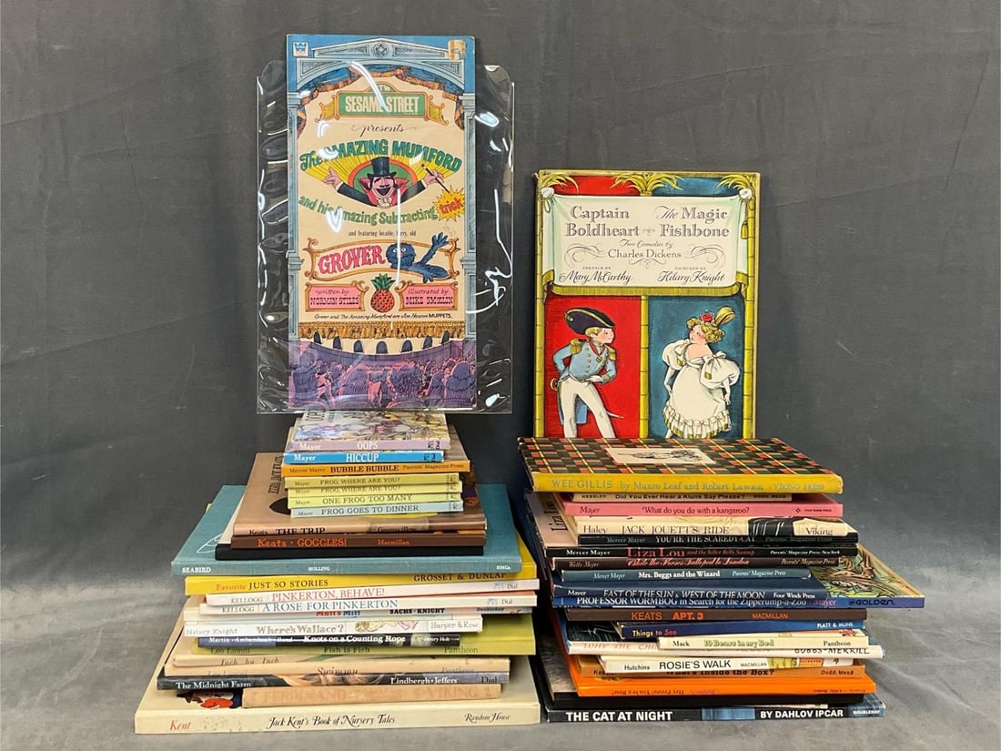 Children's Books: Lot of approximately forty five vintage collectible children's books. Featuring; "Wee Gillis" by Munro Leaf, "Liza Lou" by Mercer Mayer, "Sesame Street Presents The Amazing Mumford", and "Fish is