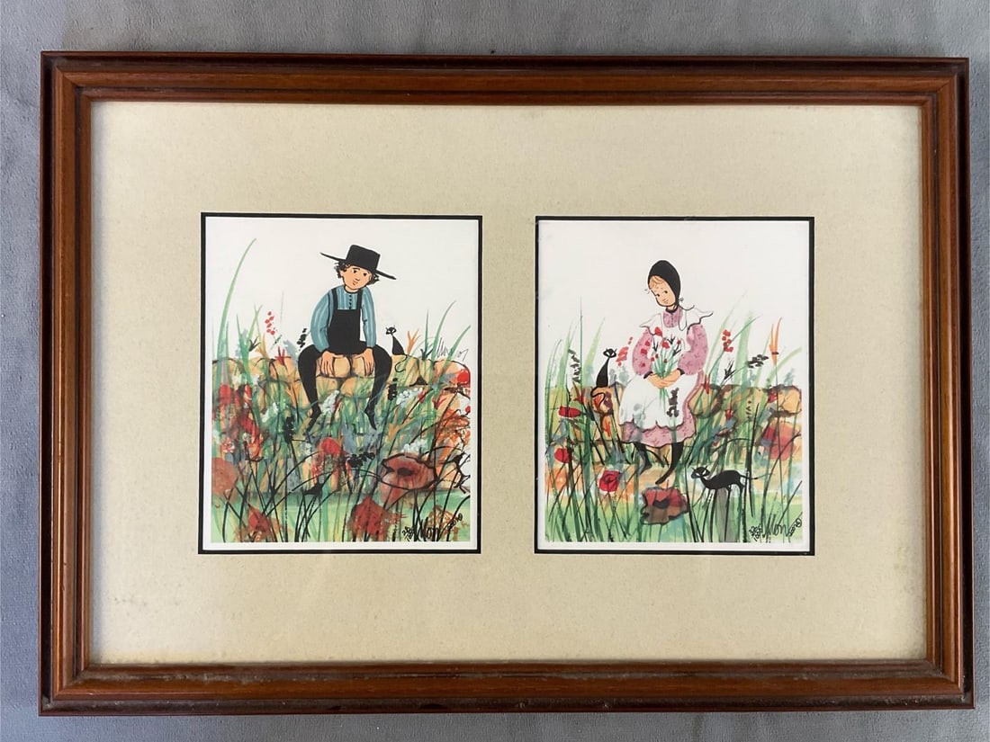 P. Buckley Moss Prints: Two 2007 P. Buckley Moss numbered and signed offset lithograph prints matted and framed within a single frame. Titled "Longing” and "Hoping”. Good condition. Measures 15.25 inches wide x