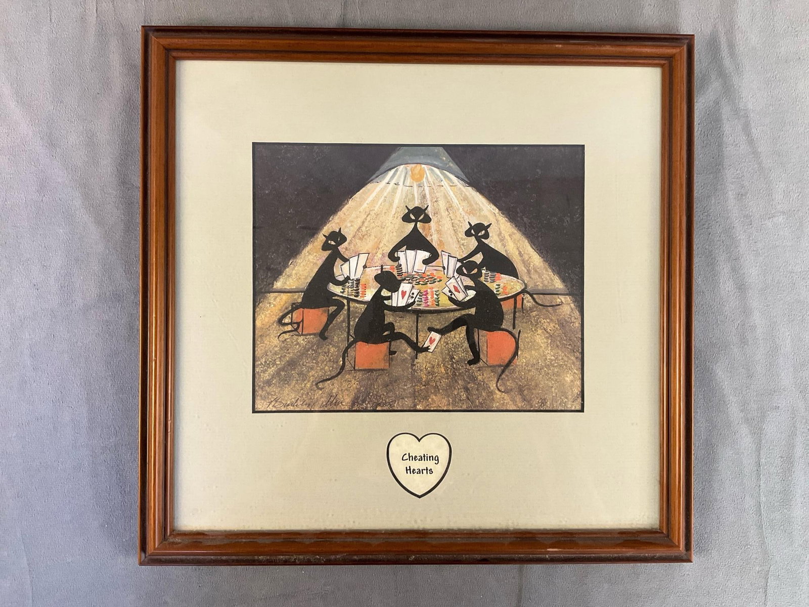 P. Buckley Moss Print: 2008 P. Buckley Moss "Cheating Hearts” offset lithograph print numbered and signed, framed and matted. Good condition. Measures 13.25 inches wide x .75 x 12.75 inches tall.
