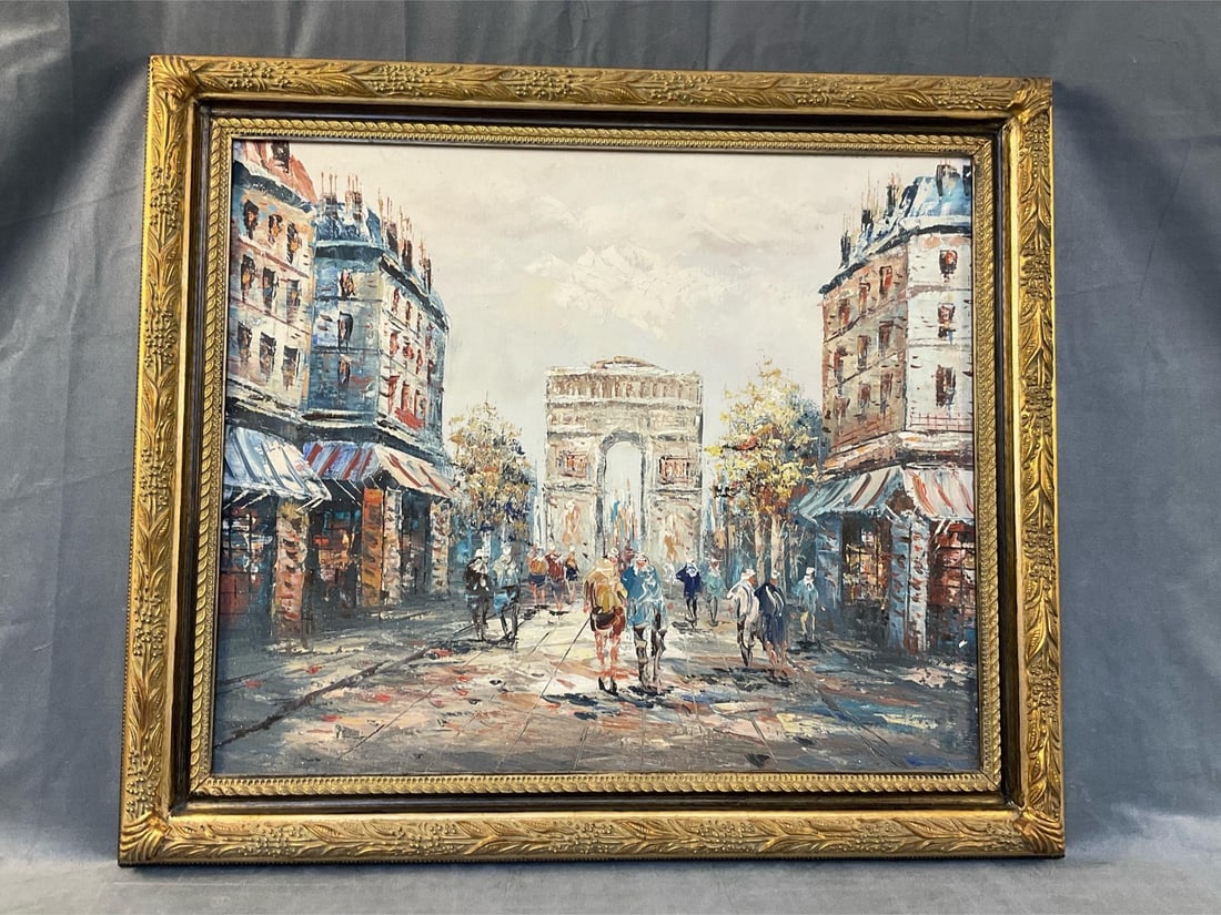 Arc de Triomphe: Contemporary/Modern framed oil painting on canvas of The Arc de Triomphe. Unsigned. Good condition. Measures 29 inches wide x 1.75 x 24.5 inches tall.