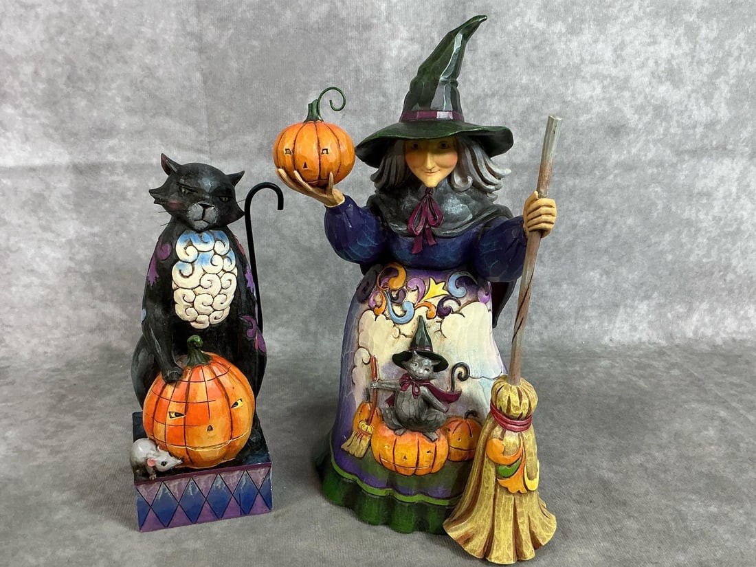 Jim Shore Witch & Black Cat: Two 2009 Jim Shore collectibles. "Bewitched " and "Scaredy Cat" figures. Good condition. Witch measures 4.5 inches wide x 5 x 10 inches tall.