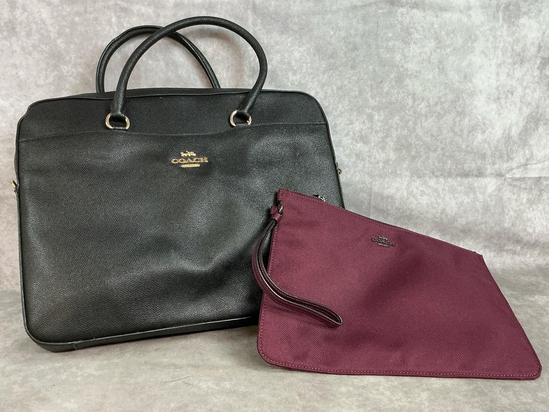Coach Briefcase & Pouch: Two modern Coach bags. Black briefcase or laptop case, missing the shoulder strap. Burgundy pouch with zipper closer and wrist strap. Both are gently used and in good condition. Black bag measures 14