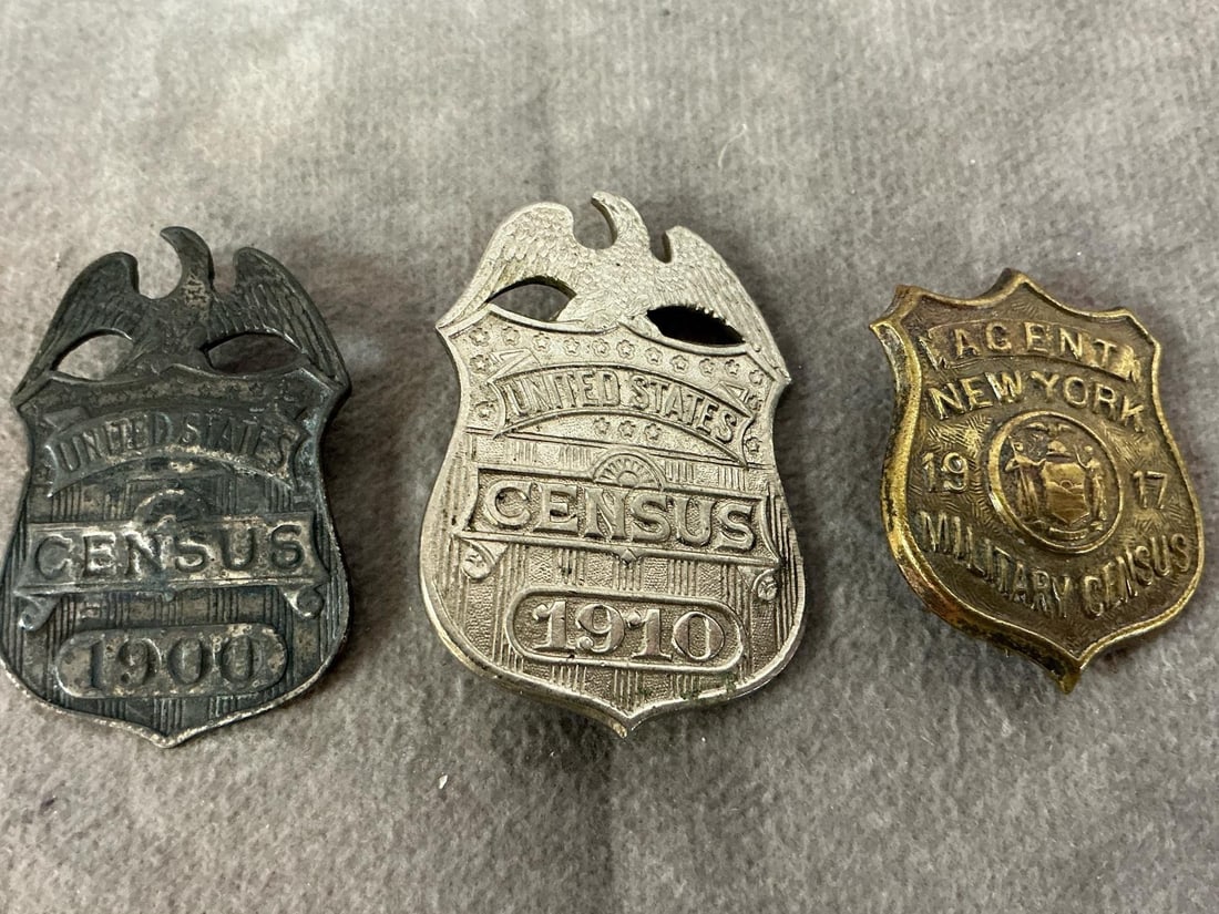 Antique Census Badges: Three early 1900's metal badges. Includes New York Military Census, 1910 United States Census, and 1900 U S Census. In good condition. Largest measures 1.25 inches wide x 1.5 inches tall.