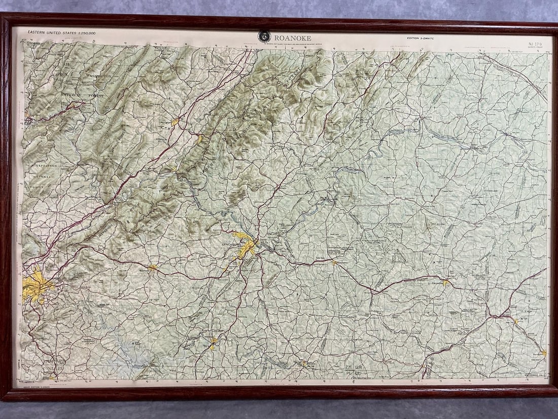 Topographic Map of Roanoke & Eastern Va: 1970's framed topographical map. Raised relief map of Roanoke VA and eastern area, including Jefferson and Washington National Forests. In good condition. Measures 30 inches wide x 1.25 x 20 inches