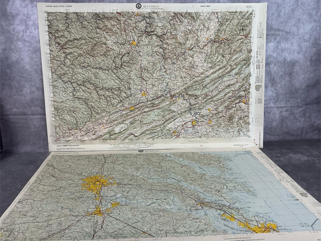 Topographical Maps of Bluefield & Richmond,VA: Two 1966 and 1974 raised relief maps. Hubbard Scientific Inc maps of Bluefield and surrounding area, and Richmond and Eastern Virginia to the coast. Bottom of Richmond map has a tear in left corner,
