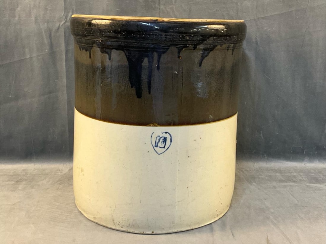 Stoneware Crock: Late 19th - early 20th century 10 gallon Burley and Winter stoneware crock marked with 10 inside cobalt heart. Good condition. Measures 14.75 inches in diameter x 16.25.
