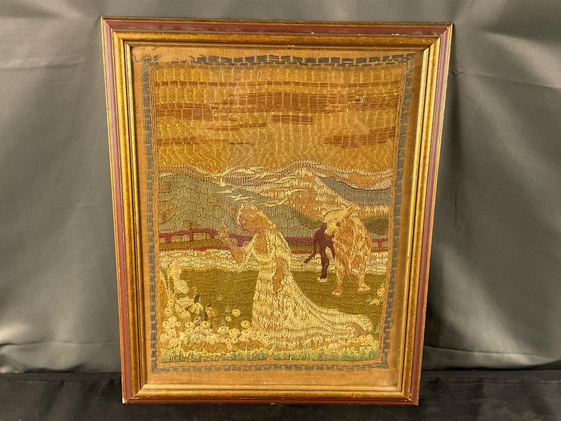 Embroidery On Linen: Late 18th - early 19th century British needlework of a country scene with mountains, birds, fences, and cattle in the background with a woman in the foreground. On linen with a later frame. Good