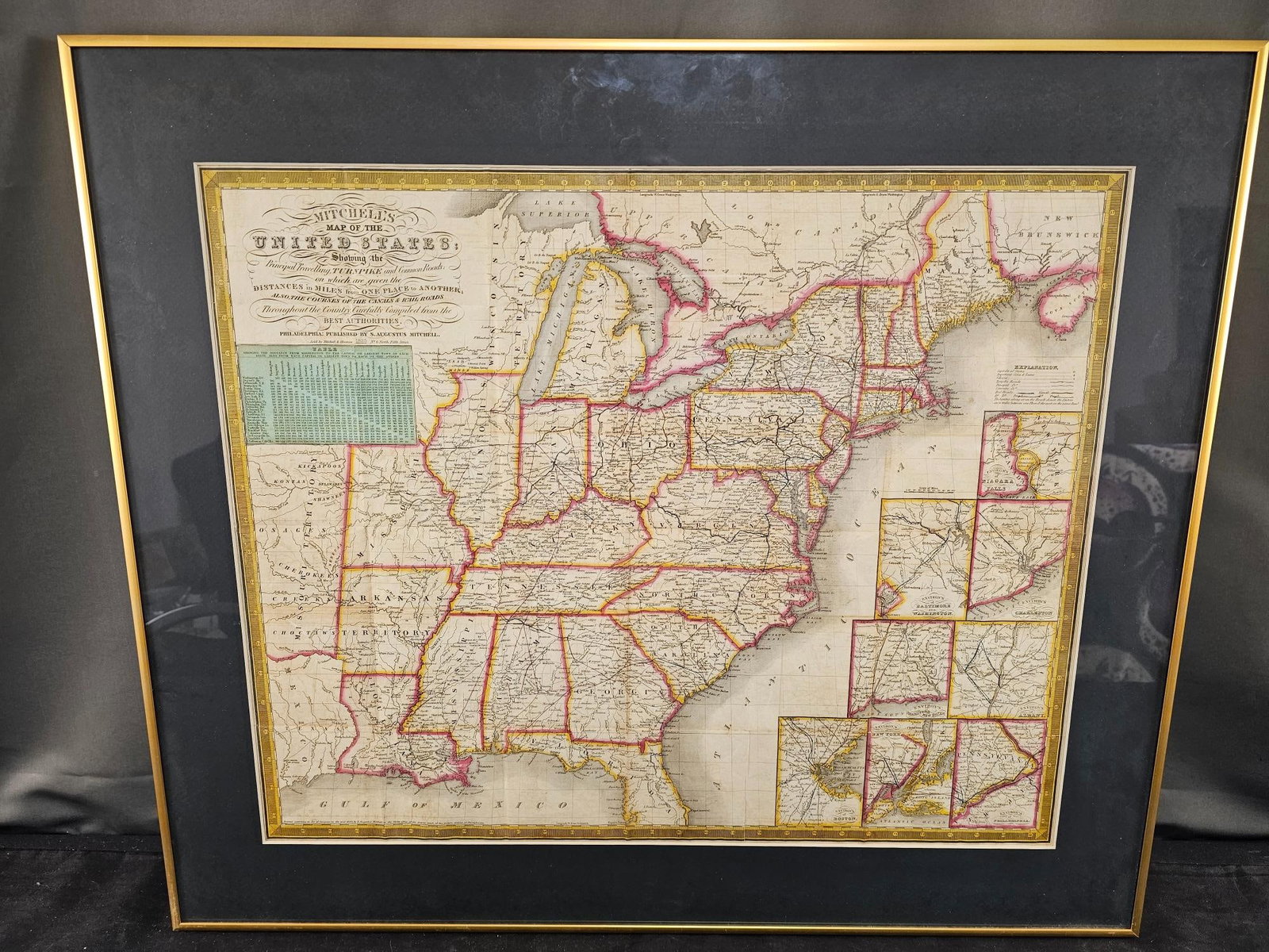 1835 Mitchell's United States Map: 1835 steel engraving Mitchell's "Map of the United States" sold by Mitchell and Hinman. Map of the principal traveling, turnpike, and common roads also the courses of the canals and railroads with