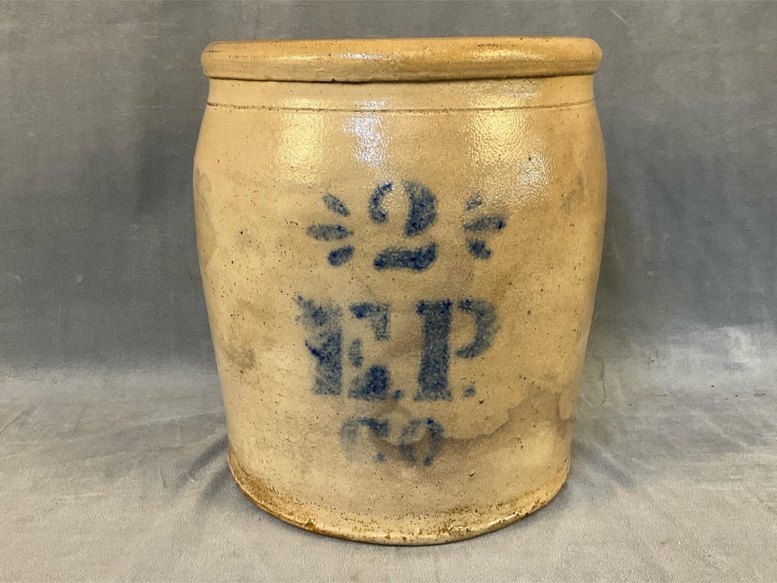E.P. Stoneware Crock: Circa 1880 2 Gallon "E.P. Co.” (Enterprise Pottery Company of New Brighton, Pennsylvania) Crock with cobalt decoration. Good condition. Measures 8.75 inches in diameter x 10 inches tall.