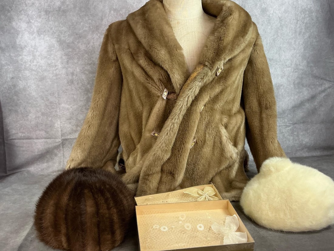 Vintage Coat, Hats, & Veils: Five mid 1900's coat, and hats. Lykafur by Tissavel of France satin lined light brown coat. Mink fur hat and white fur beret. Two birdcage veils in original boxes. All in good condition. Coat