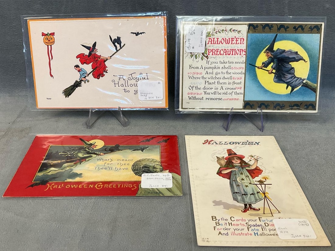 Postcards - Halloween: Four early 20th century Halloween postcards. "Halloween Greetings " by artist E.C. Banks, cards by H.I.R., Bergman, and Nash. Soft corners, and some foxing, otherwise good condition. Circulated.