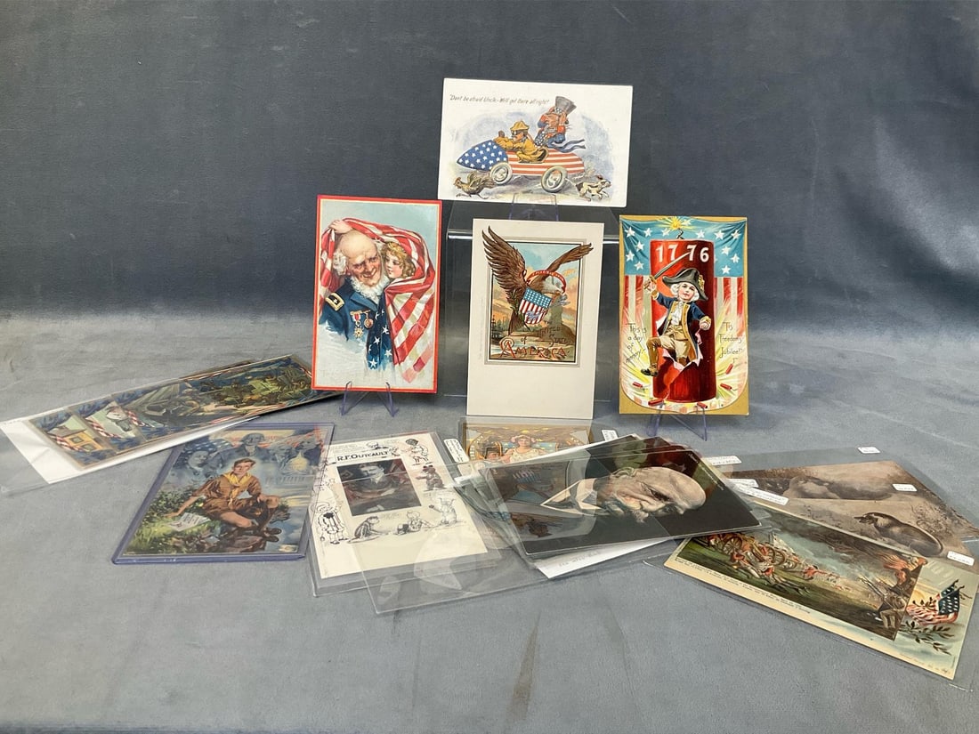 Patriotic Postcards: Approximately twenty two early 20th century collectible patriotic postcards. Featuring Lounsbury and Tuck. Soft corners, some foxing, mostly uncirculated, otherwise good condition. Measures 5.5
