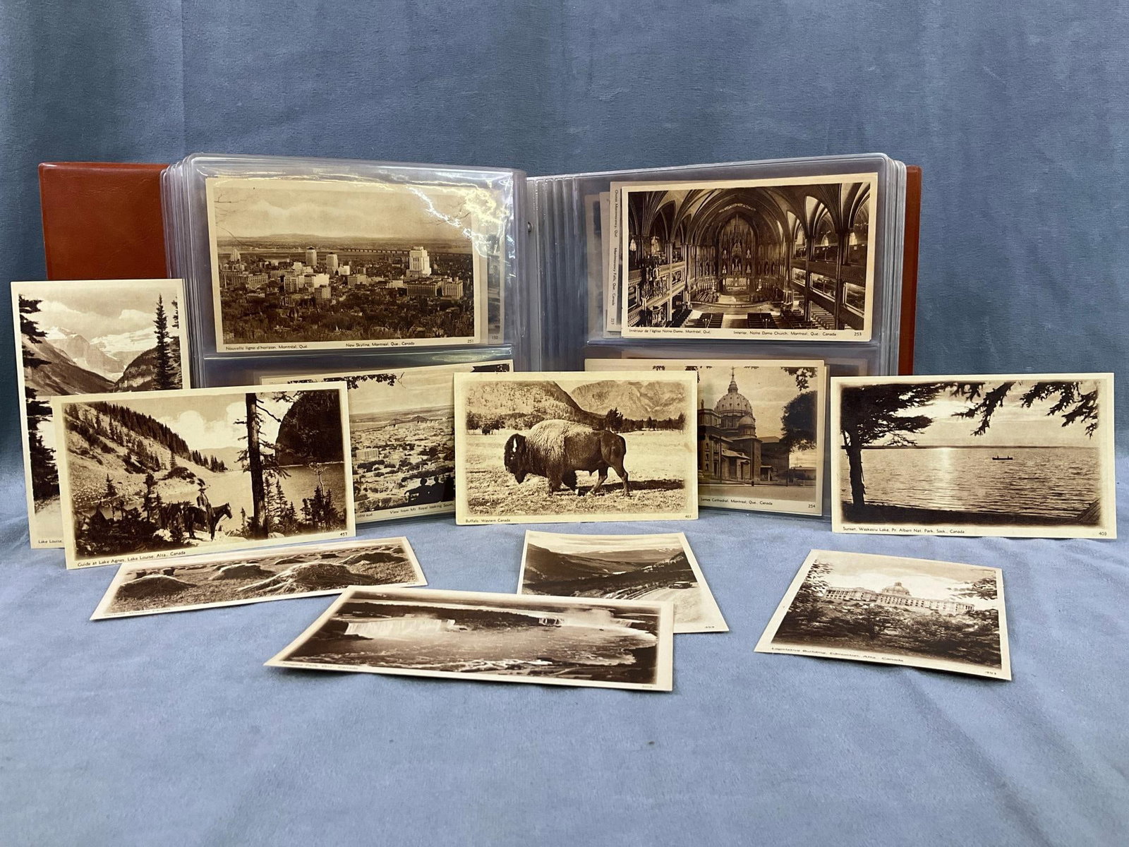 Canadian Scenic Postcards: Seventy 1930 Canadian Official Pictorial Sepia Two Cents Postcards depicting different scenic views throughout the Canadian provinces. Good uncirculated (except the "Buffalo " postcard) condition.