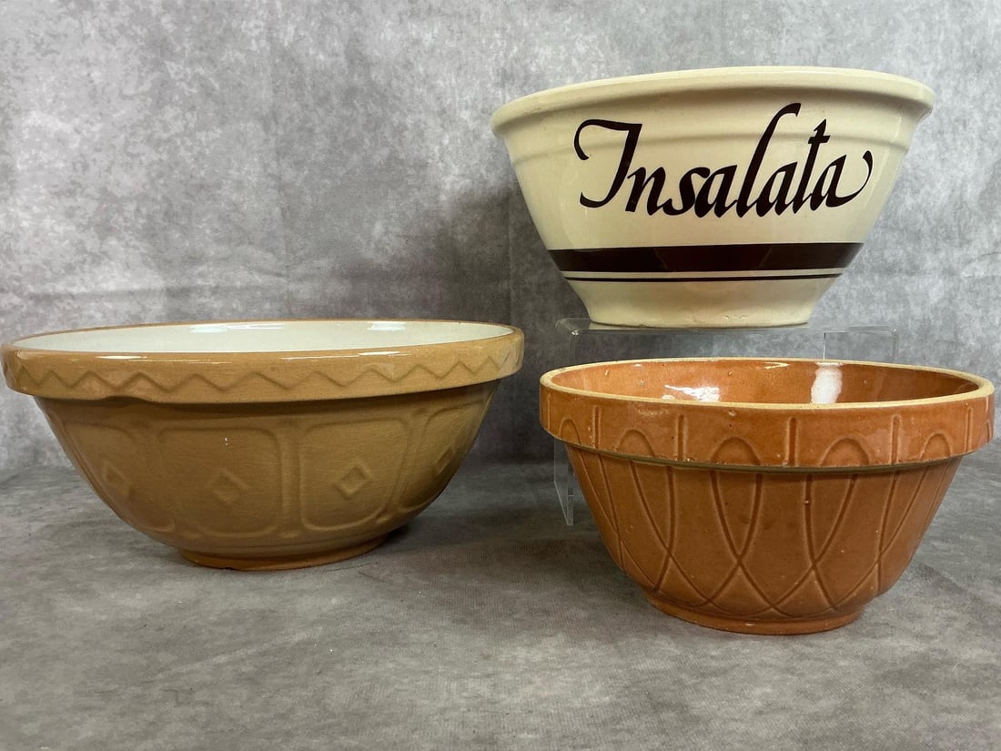 Mixing Bowls: Three early to mid 1900's mixing bowls. McCoy "Insalata" cream colored with brown script bowl, beige Mason Cash cane pattern bowl from England, and smaller Watt Ovenware #7 bowl. Some crazing
