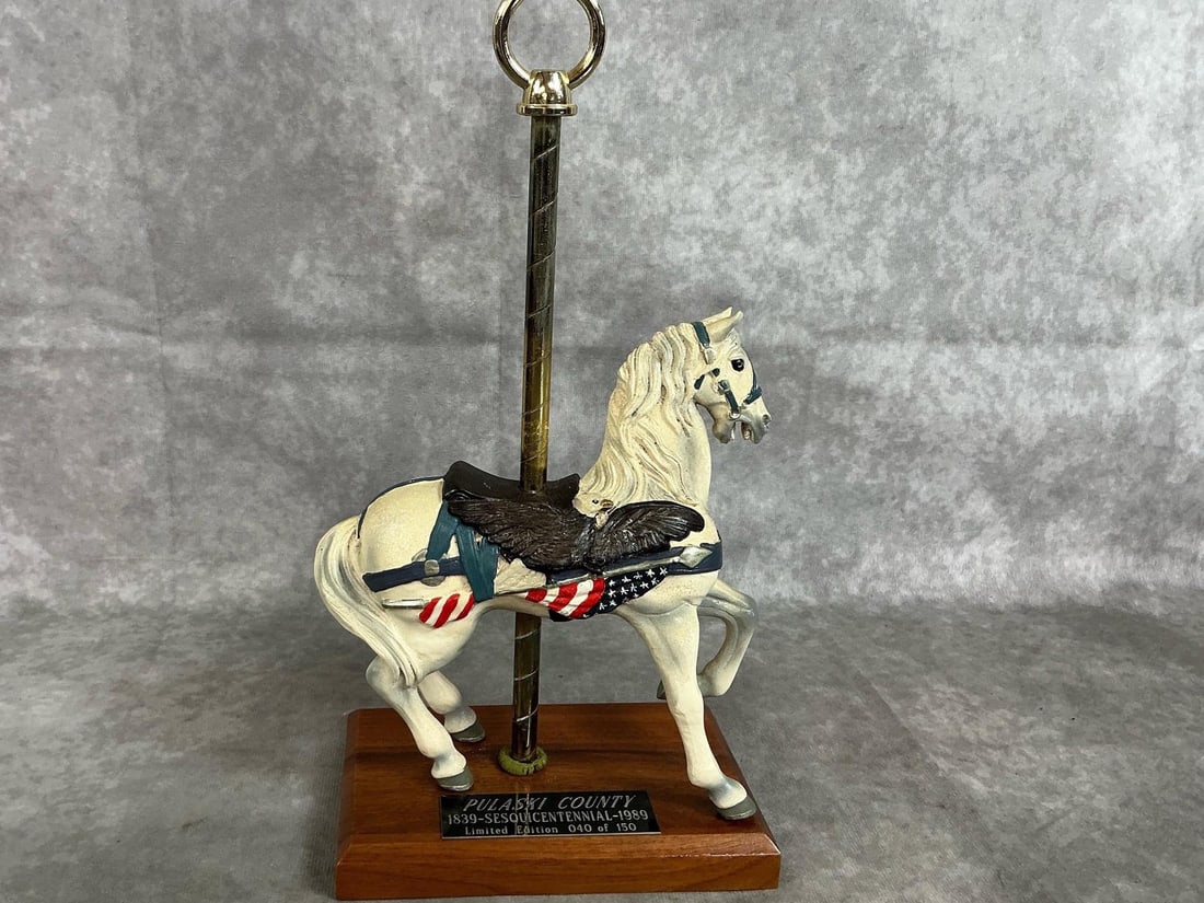 PJ's Carousel Flag Horse: Late 1900's Carousel Collection horse. Celebrates Pulaski County Sesquicentennial 1839-1989 limited edition "Flag" horse #40 of 150. In good condition. Measures 7 inches wide x 4 x 12 inches tall.