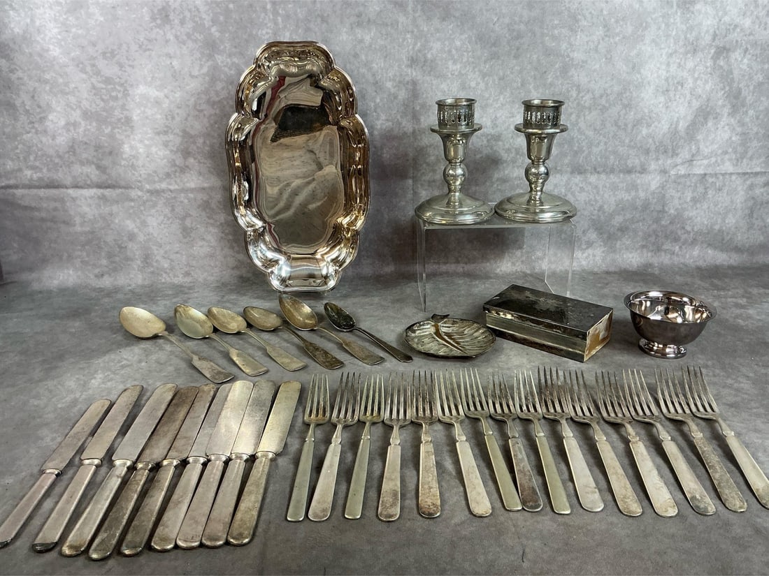 Silver Plated & Pewter Collection: Thirty late 1800's flatware and six mid to late 1900's pieces. WM Roger's silver plated Meridian Brita knives, forks, and spoons. Gorham Heritage tray, two pewter candle stands, and plated matchstick