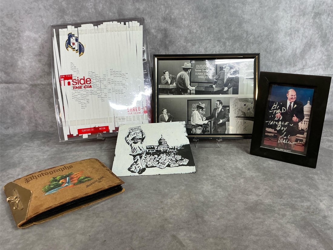 Autographs & Documents: Mid to late 1900's autographs and photographs. CIA shredded documents from George Tennant concerning Castro, two Willard Scott autographed pictures, and a 1960's Vietnam propaganda painting. Also, a