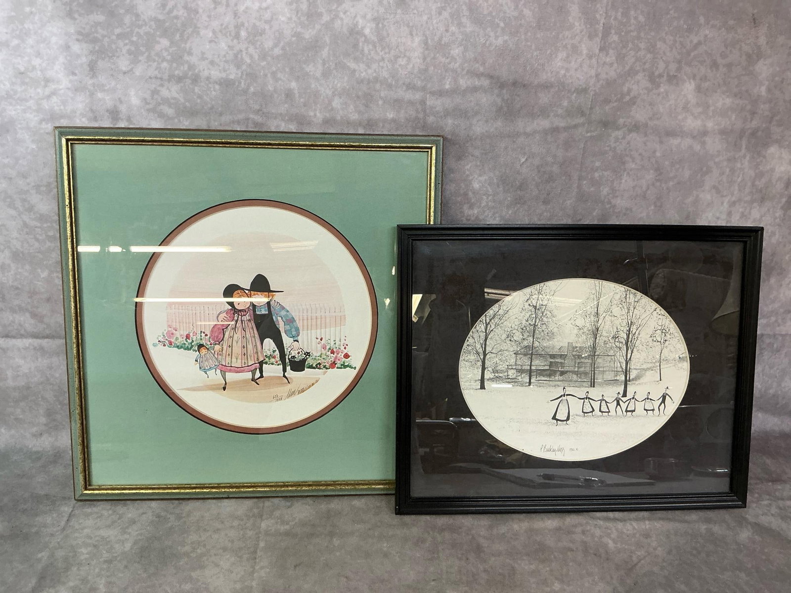 P Buckley Moss Prints: 1982 and 1985 matted and framed art. Young Amish boy and girl in 15 inch x 15 inch frame numbered 650/1000. 1982 print titled "The Barn". Both signed by artist. In good condition.