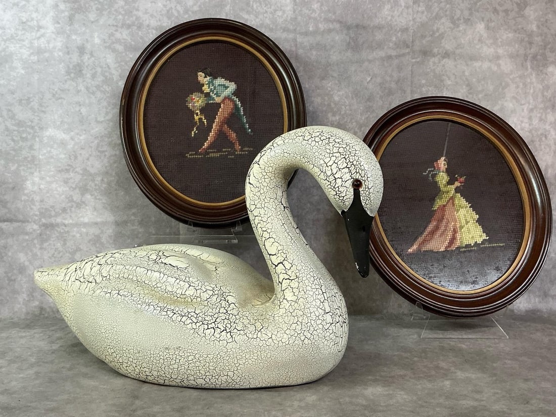 Swan & Needlepoint Pictures: Vintage swan and pictures. Wooden decorative swan with white crackle finish and two framed oval needlepoint pictures with Victorian Lady and Gentleman. Some tiny nicks on frames, otherwise in good