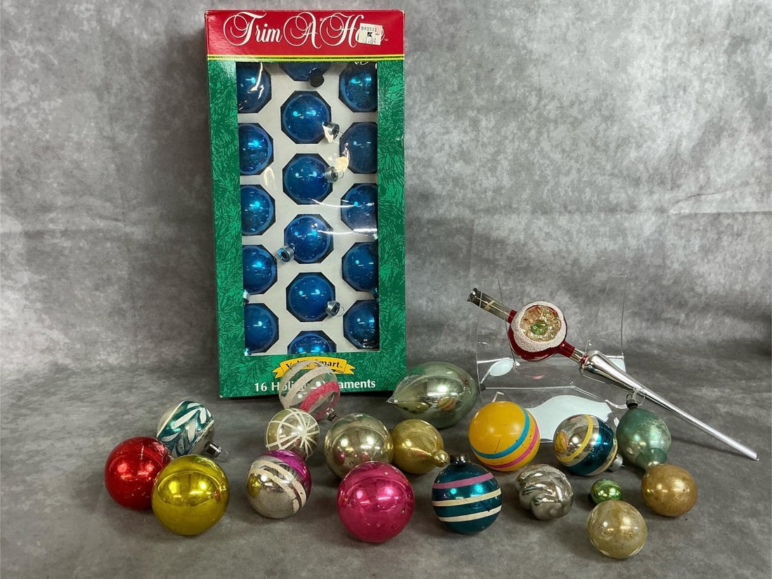 Vintage Christmas Ornaments: Box of 15 Trim a Home blue glass ornaments and 19 Shiny Brite Mercury glass ornaments from mid 1900's. Shiny Brites are a variety of designs, colors, and sizes. Slight paint loss. Box measures 6.5