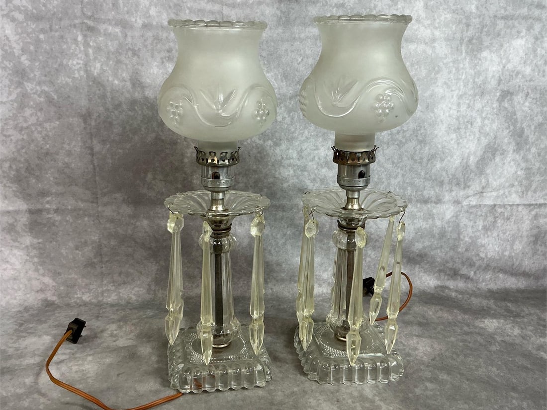 Hollywood Regency Style Lamps: Pair of vintage boudoir lamps. Glass base, body, and globes, with plastic prism crystals. In working condition. Each measures 4 inches wide x 4 x 14.5 inches tall.