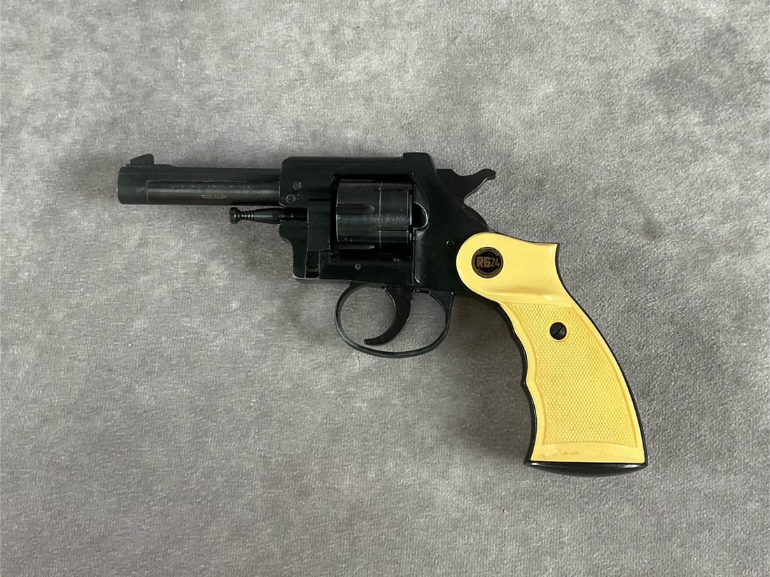Rohm 22 LR Revolver: Serial # 134702 model RG 24, 22 LR revolver. Blue steel finish with plastic grips. Clean bore and functions correctly. Overall clean and in good shape. Barrel length 3 1/2 inches, overall length 8