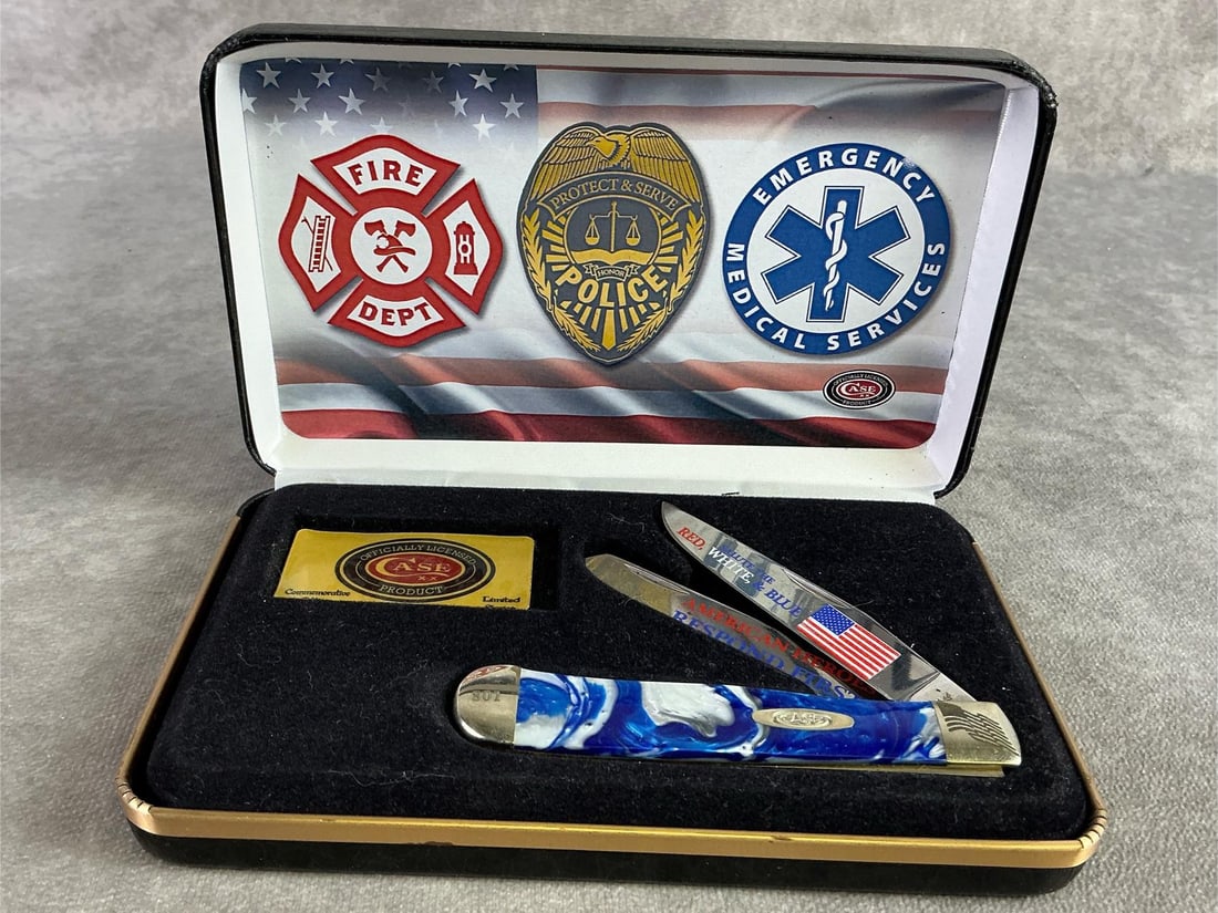 Case XX Knife: American Heroes Case XX commemorative knife. Trapper, patterned 9254ss with tight snap and original display case. Box measures 7 inches wide x 4.25 inches tall.