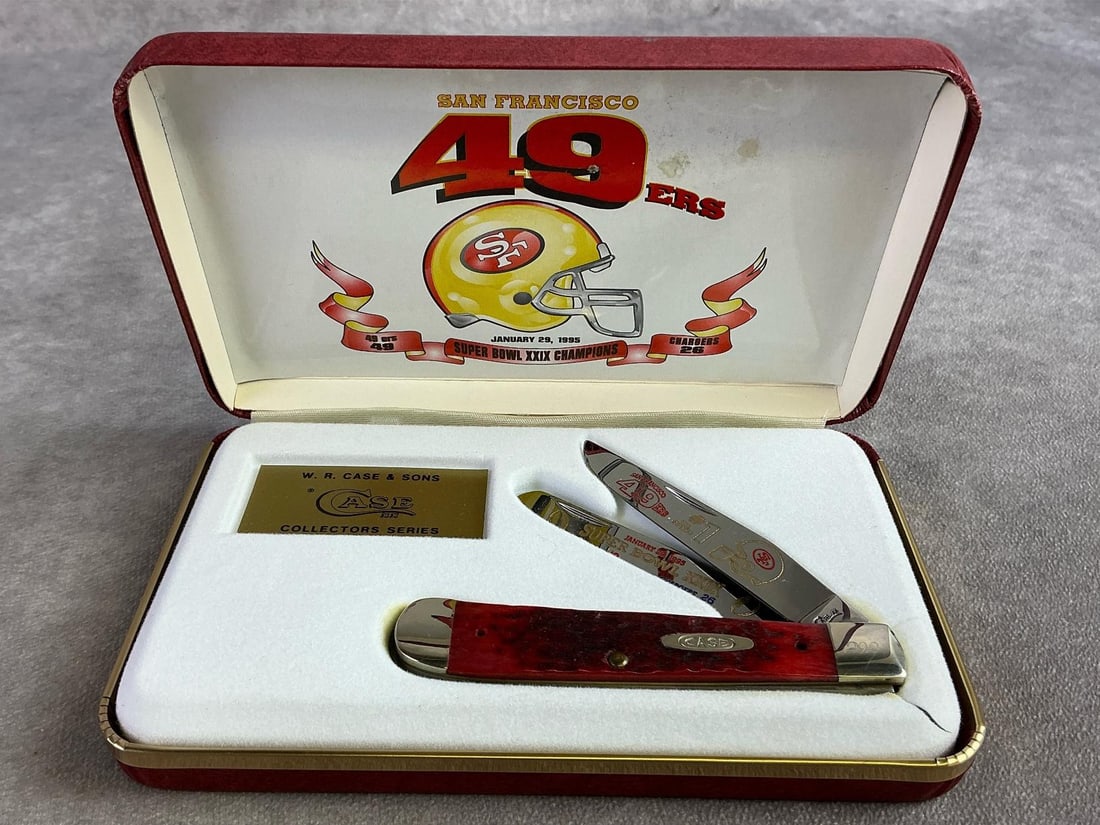Case XX Knife: 1995 San Francisco 49ers Case XX commemorative Super Bowl 29 champions knife. Trapper, patterned DR6254ss with tight snap and original display case. Box measures 7 inches wide x 4.25 inches tall.