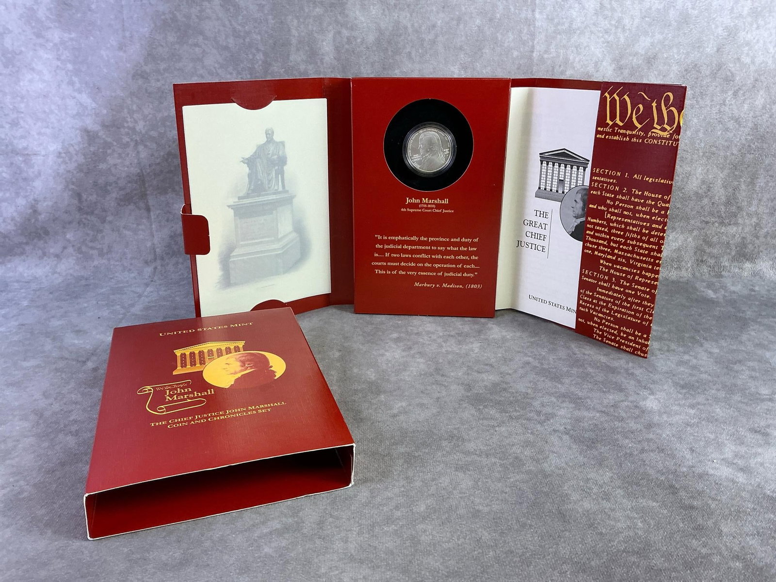 United States Mint: 2005 United States Mint Chief Justice John Marshall coin and chronicles set. In good condition and uncirculated. Total weight 1.14 ozt.