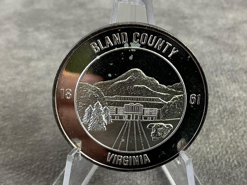 Commemorative Silver Token: Commemorative silver token celebrating the centennial of the Bland County Court House. Stamped with oxidation present. Total weight 1 ozt.
