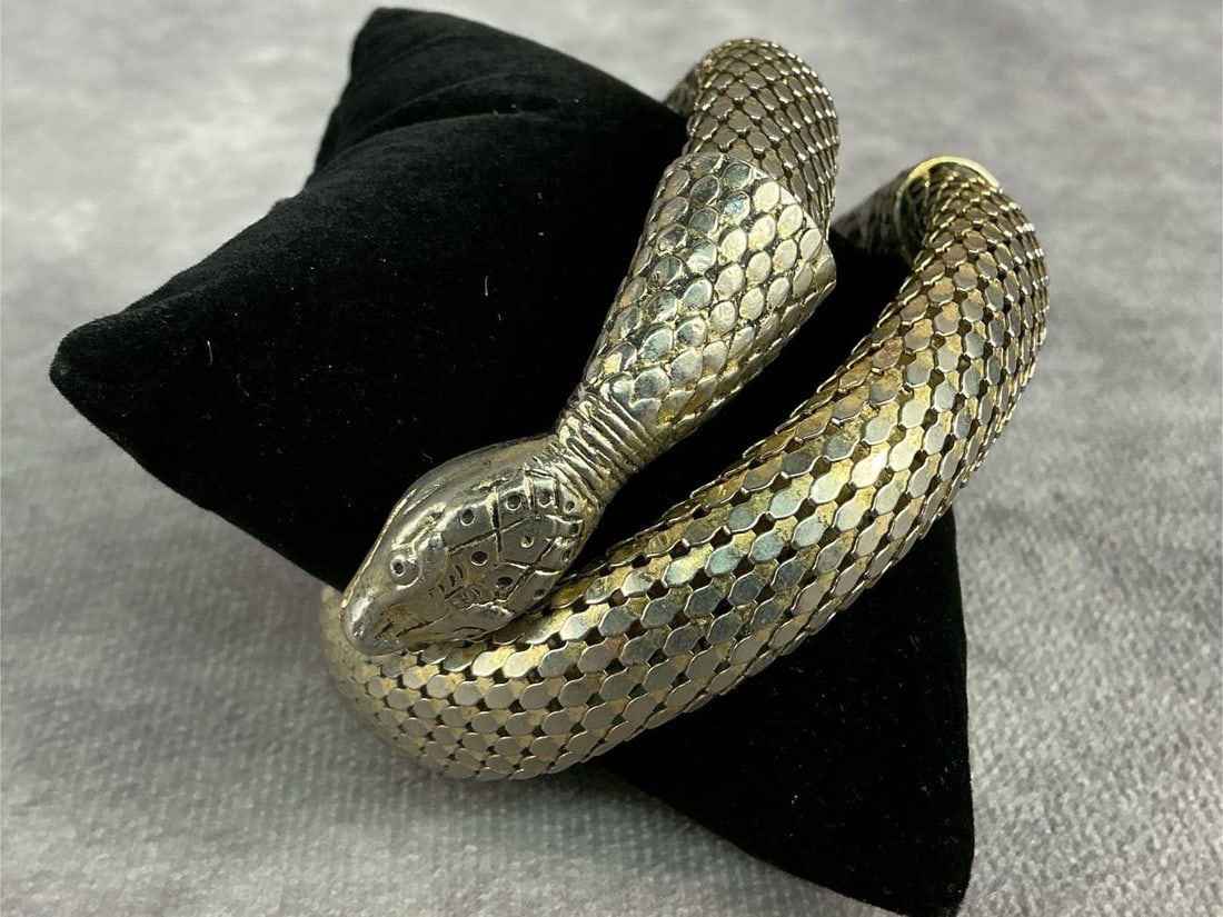 Serpent Bracelet: 1950s Whiting and Davis snake coil bracelet. Stamped and in good condition. Total weight 1.81 ozt.