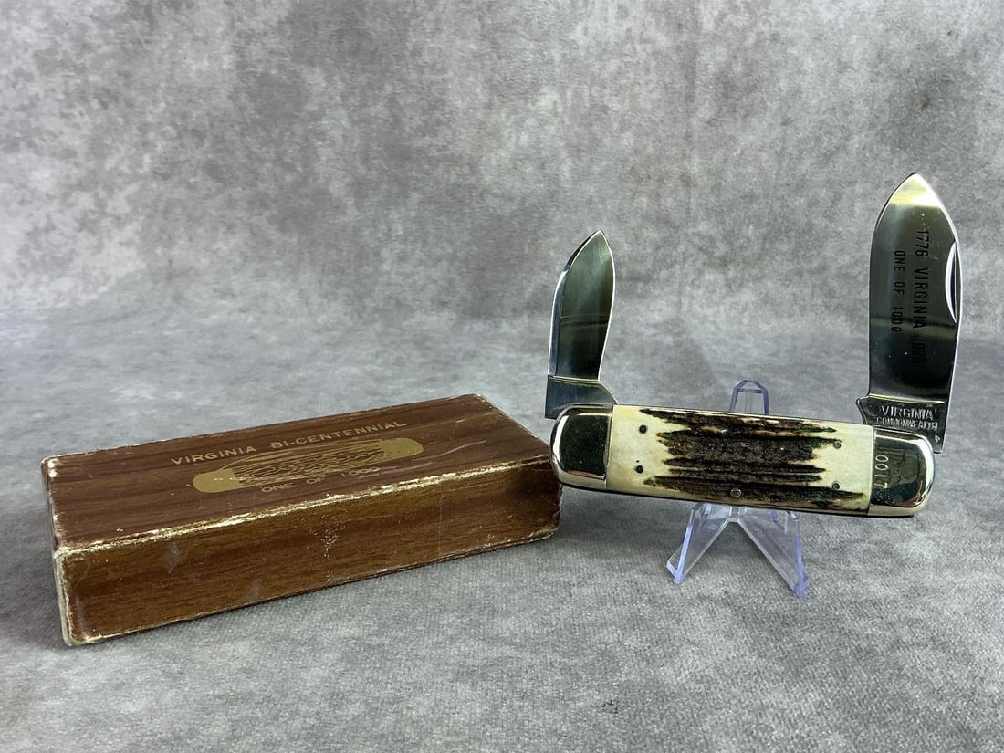 Taylor Cutlery: Virginia Bicentennial elephant toe knife from Taylor Cutlery in Kingsport, Tennessee. In good condition with tight snap, 1 of 1000, serial number 0017. Knife measures 4.75 inches closed.