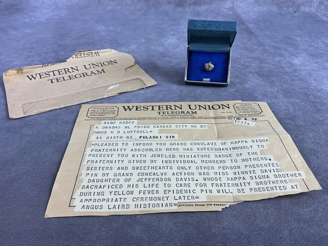 Kappa Sigma Pin: Antique Kappa Sigma fraternity pin on 10kt gold featuring a crescent moon and star design. Included the original telegram dated August 30 1963. In good condition. Total weight 1.2 dwt.