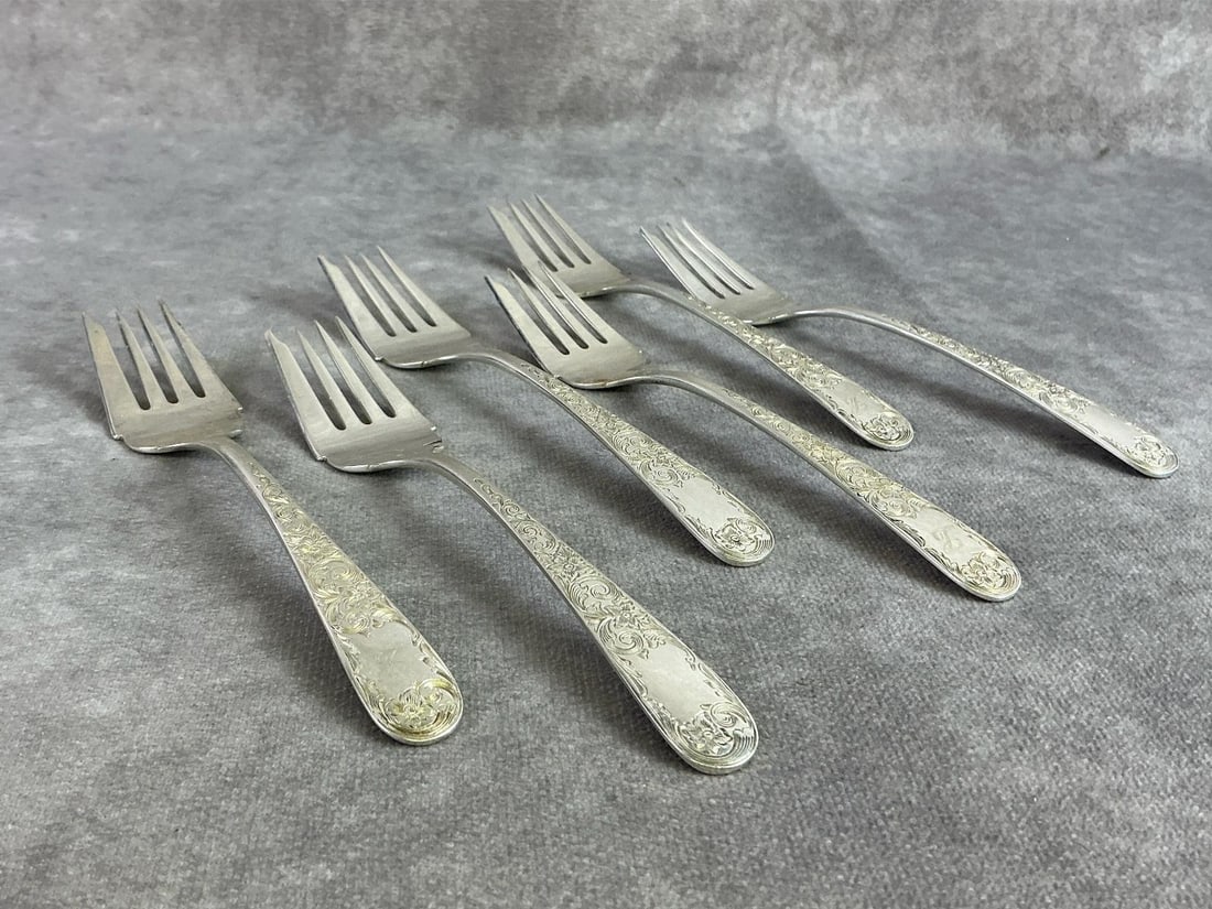 Sterling Forks: Six sterling silver forks made by S Kirk and Son. All in good condition, stamped with oxidation present. Total weight 7.2 ozt.