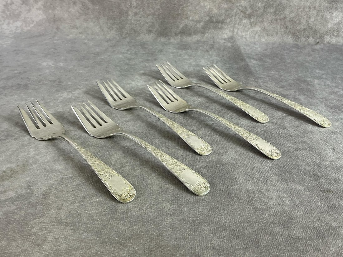 Sterling Forks: Six sterling silver forks made by S Kirk and Son. All in good condition, stamped with oxidation present. Total weight 7.2 ozt.