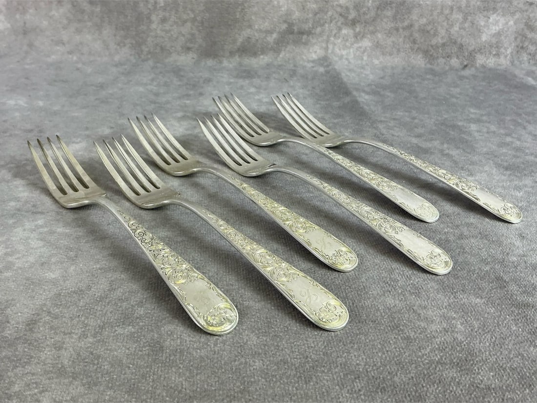 Sterling Salad Forks: Six sterling silver salad forks made by S Kirk and Son. All in good condition, stamped with oxidation present. Total weight 10.76 ozt.